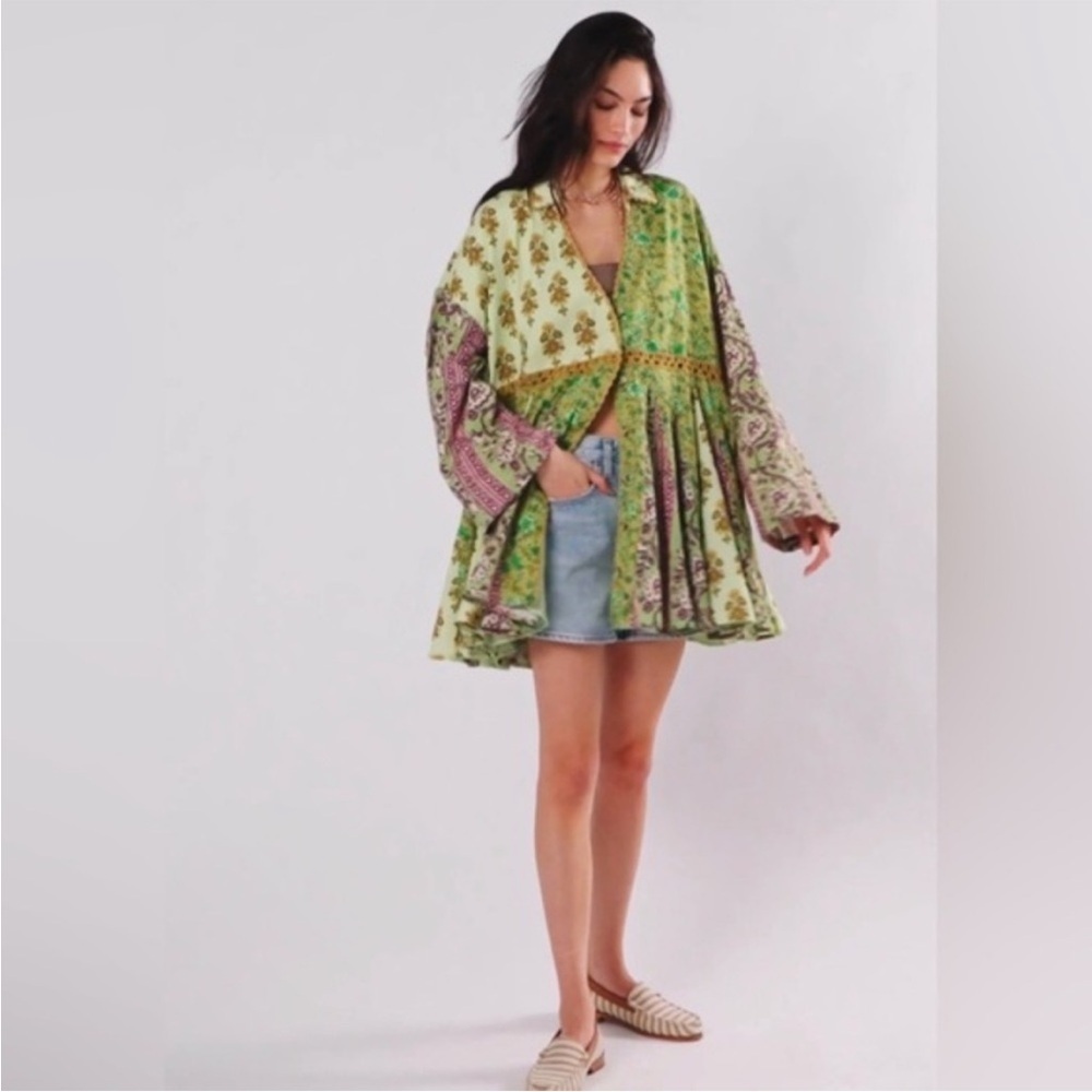 Free People Hazy Baby Printed Mini Dress Green Tunic Top Shacket Kimono Sz L NEW